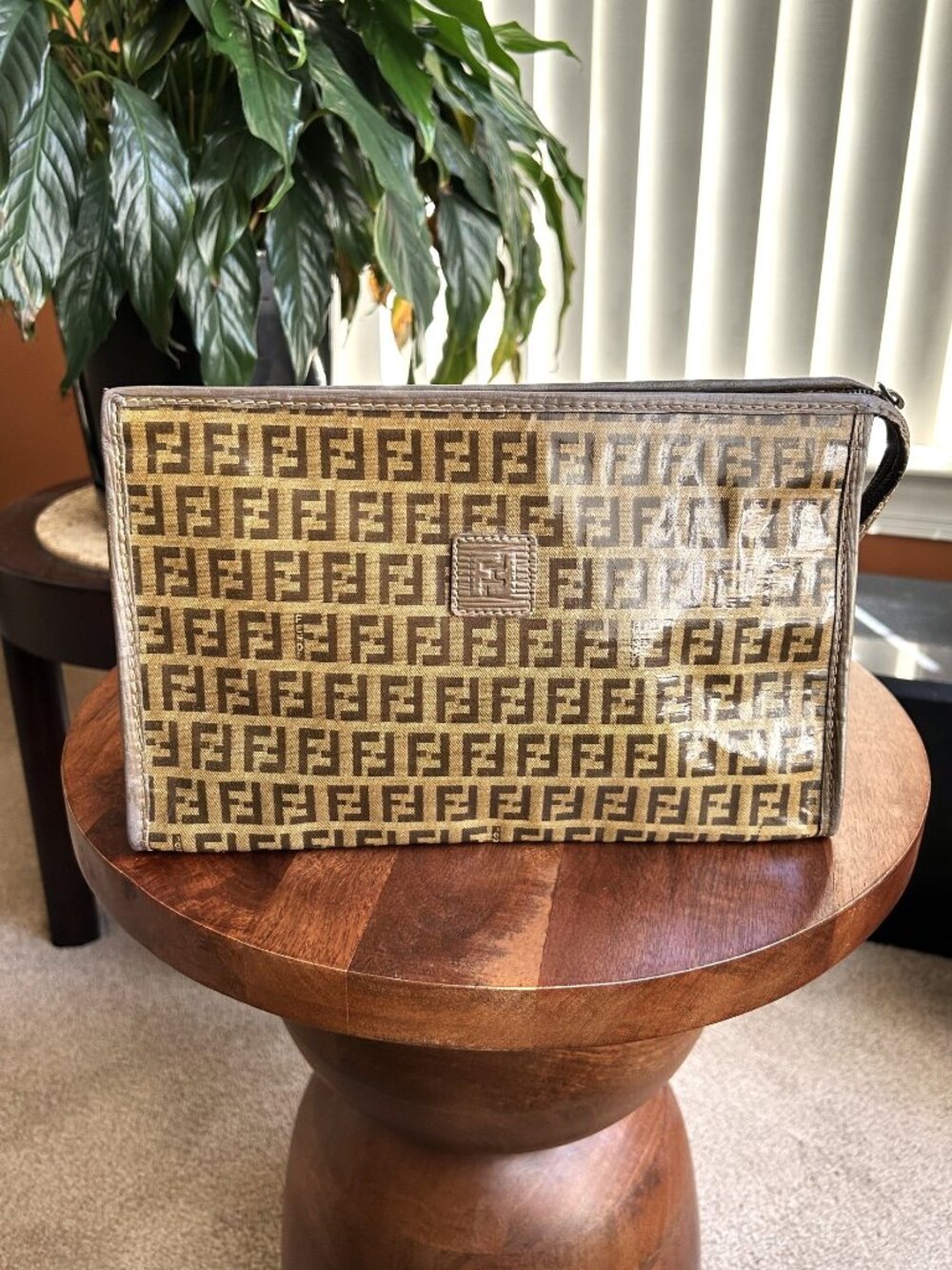 FENDI Zucchino FF Monogram Pouch Bag, Taupe, Camel Tan